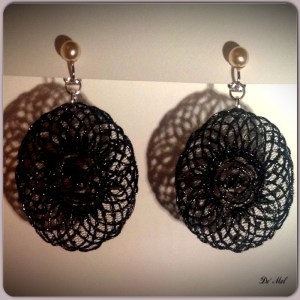 Black and pearl classic...Medium size special black Macrame with 925 Sterling silver and synthetic pearl Clip earrings 