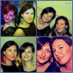 Friends and fun! pictured unique shape shiny bronze Venetian lace with golden stone and large pear shape rich gold Venetian lace earrings with triple onyx and gold hardware