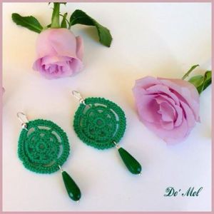 Emerald green hand-made crochet earrings with 925 sterling silver and opaque emerald