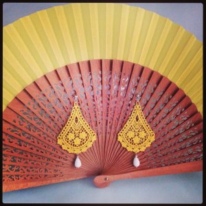 Lemon color bell shape Venetian lace earrings with white agate and silver hardware