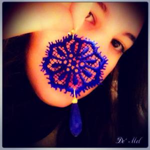 De' Mel Cobalt blue definitely a continuous color from summer to winter here in our venetian lace earrings with blue agate and gold hardware. Divine stunning color!