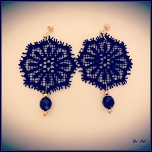 Medium black Hexagon flower Venetian Lace earrings with black swarovski crystal and gold hardware