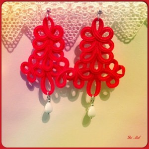 Passion red, large Italian ornamental cord earrings with white agate and silver hardware 