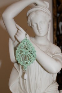 Mint green drop shape Venetian lace earrings with white agate (Semi- precious stone) and silver hardware