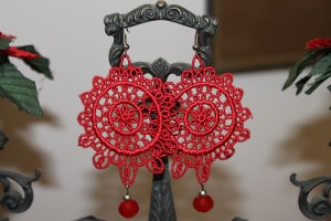 Venetian lace earrings with red swarovski crystal and silver hardware