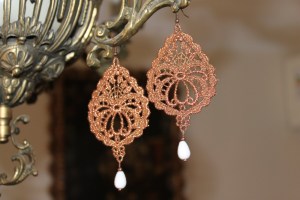 Copper color drop-shape Venetian lace earrings with white agate (semi-precious stone) and bronze hardware