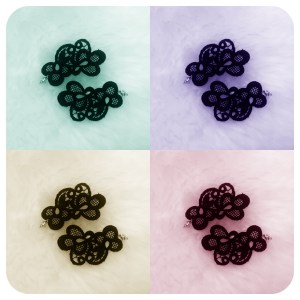 Black  large "S" shape Venetian lace earrings with silver hardware