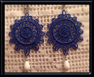 Brazilian blue full-moon Venetian lace earrings with white agate (semi-precious stone) and silver hardware