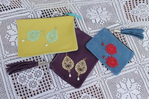 Multicolor Venetian lace earrings with multicolor clutches!