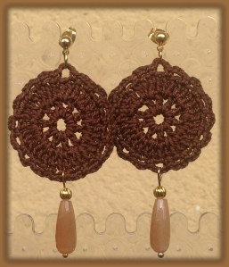 Coffee color medium hand-made crochet earrings with golden stone (semi-precious stone) and gold hardware