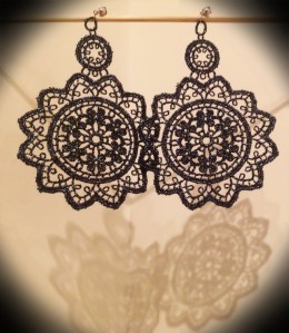 Extra-large metallic black Venetian lace earrings with silver hardware