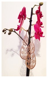 Rich gold extra-large drop shape Venetian lace earrings with gold hardware