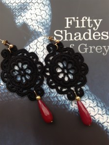 Medium black Venetian lace earrings with opaque ruby and gold hardware