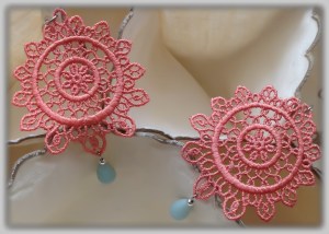 Peruvian Lucuma full-moon Venetian lace earrings with Brazilian Amazonite (Semi-precious stone) and silver hardware