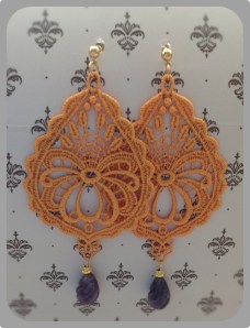 Tangerine drop-shape Venetian lace earrings with Uruguayan Amethyst and gold hardware