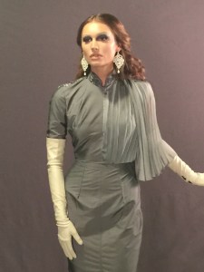 NYC model at Photo shoot for Francisco Casals designer wearing De' Mel leaf shape Venetian lace earrings in silver/white with white agate all with sterling silver.