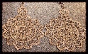 Extra large light gold Venetian lace earrings with gold hardware