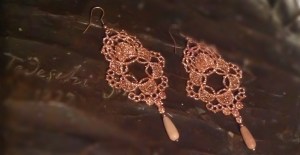 Copper color unique shape Venetian lace with golden stone (semi-precious stone) and bronze hardware