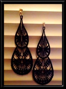 Extra large black tear drop Venetian lace earrings with gold hardware