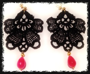Medium black Venetian lace earrings with opaque ruby and gold hardware