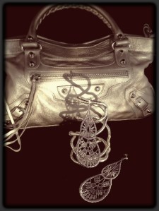 Glossy Silver-mauve Venetian lace earrings with flexible silver bracelet and vintage Silver Balenciaga first handbag