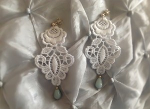 Flower shape white Venetian lace earrings with sea foam green Brazilian Amazonite and silver hardware