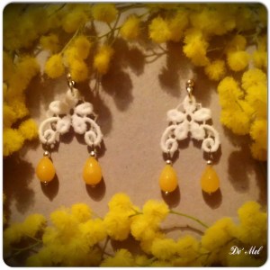 Small white flower shape Venetian lace earrings with yellow quartz and silver hardware
