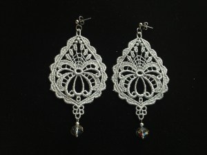 Silver drop shape Venetian lace earrings with Swarovski crystal and silver hardware