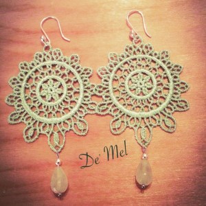 De' Mel Moon shape aqua green Venetian lace earrings with aqua green quartz and 925 Peruvian Sterling silver