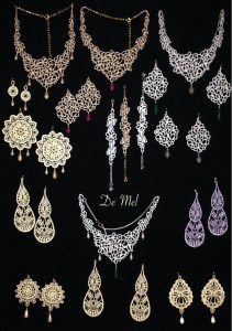 Metallic collection with princess Venetian lace set (including necklace, bracelet and earrings) and our signature Venetian lace metallic models