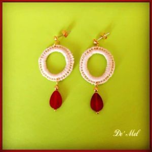 Oval nude color Venetian lace earrings with Vermillon color quartz and gold hardware