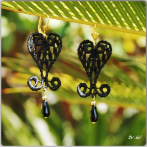 Black medium heart shape Venetian lace earrings with drop shape onyx and gold hardware