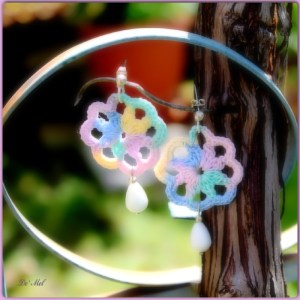 Multicolor small hand-made crochet earrings with silver hardware and white agate (semi-precious stone)