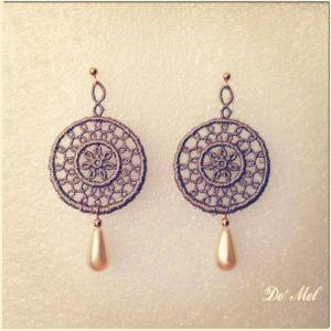Round etoupe color Venetian lace earrings with synthetic drop shape pearl and gold hardware