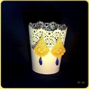 Yellow and blue...lemon color bell-shape Venetian lace earrings with opaque Safire and gold hardware