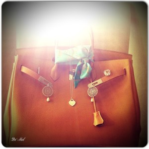 De' Mel medium size round shape Venetian lace earrings with silver hardware and white Agate (semi-precious stone) here with Hermes Birkin Bag in Camel Color, Tiffany's silk twilly, Tiffany's silver heart pendant and swarovski oversize ring <3