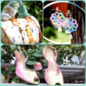 De' Mel hand-made crochet earrings with silver hardware, here with LV speedy 30 multicolore and multicolor Stuart Weitzman python open toe decoletees 