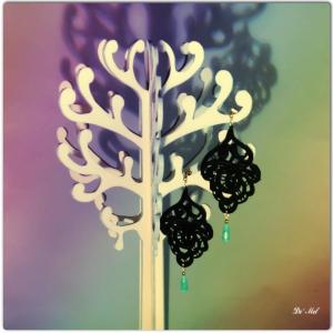 Black leaf shape Venetian lace earrings with Argentinian prasiolite and gold hardware