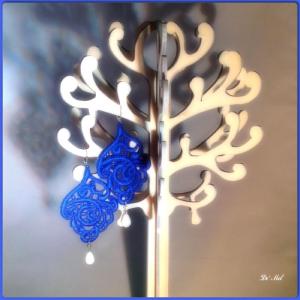 Electric blue leaf shape Venetian lace earrings with white agate and silver hardware