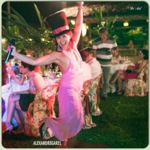 Beatrice is wearing Rich gold extra large Venetian lace earrings  for her 40th birthday party in Vietnam