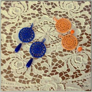 Brazilian Blue medium round shape Venetian lace earrings with tear drop cobalt blue agate and tangerine medium round shape Venetian lace earrings with matching Swarovski crystal both with 925 Sterling Silver hooks (hand-made in Peru)