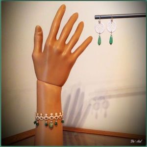 Small white Venetian lace earrings with Argentinian Chrysoprase and 925 sterling silver hooks (hand-made in Peru) here with  Venetian lace bracelet with turquoise beads 