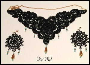 Black Venetian lace embellished necklace and matching Earrings with Turquoise beads (Semi-precious stones) and gold hardware